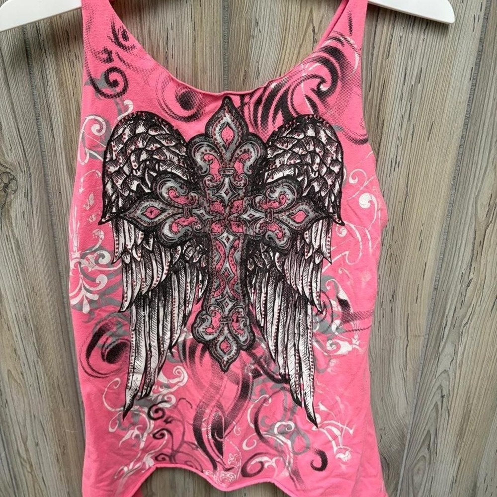 Ransom Pink Y2K Winged Cross Graphic Tank Top Rhinestone Accents Small
